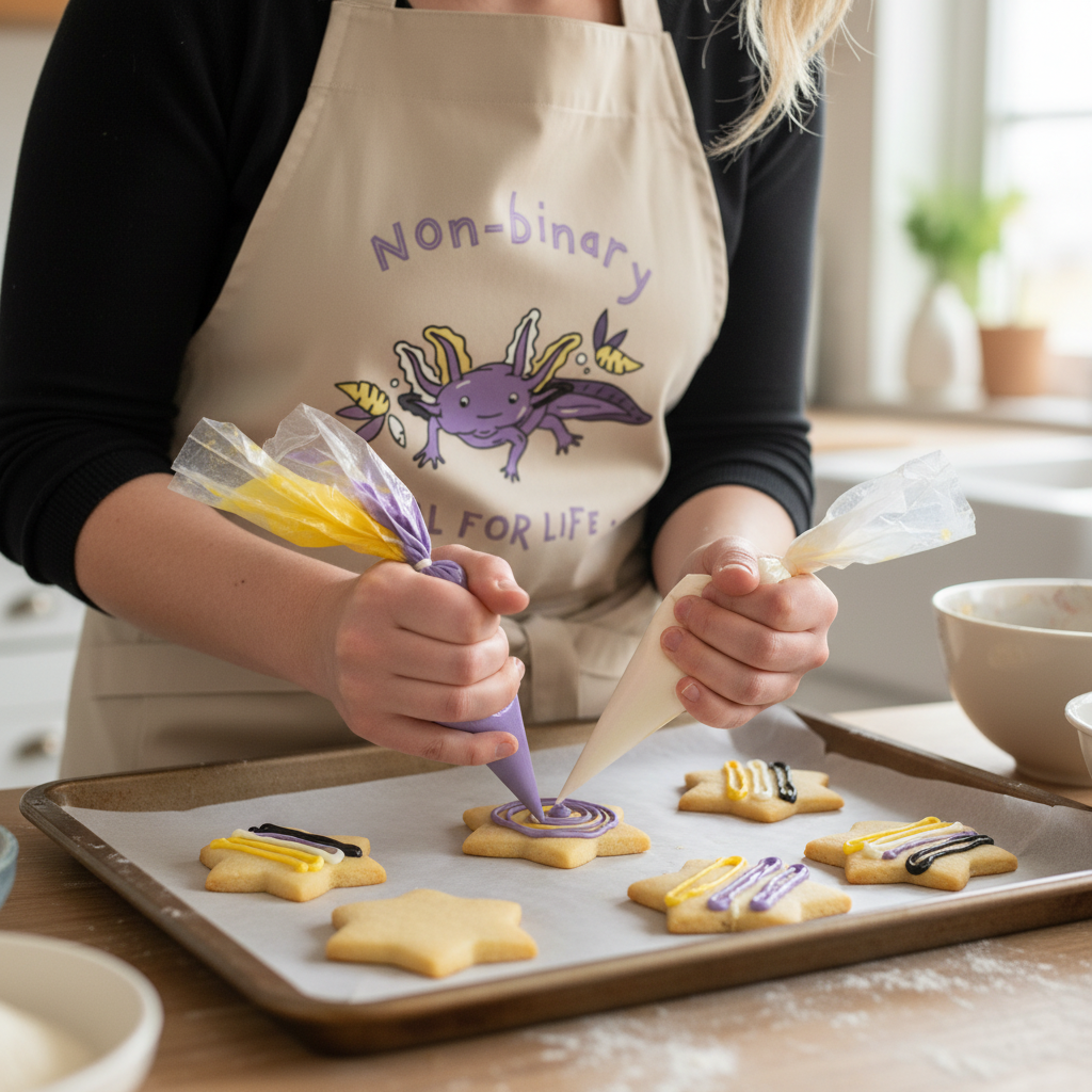 Person decorating star-shaped cookies in a tan Non-Binary Pal For Life Organic Cotton Apron, featuring a purple axolotl. The apron embodies queer pride, empowerment, and playful self-expression.