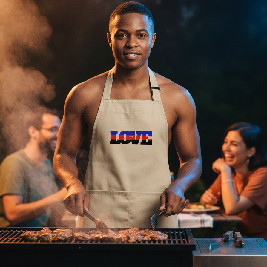 A young man in a Polyamory Love Organic Cotton Apron, featuring LOVE with a π symbol, grills meat, embodying pride and confidence, while friends enjoy a warm, inclusive evening.
