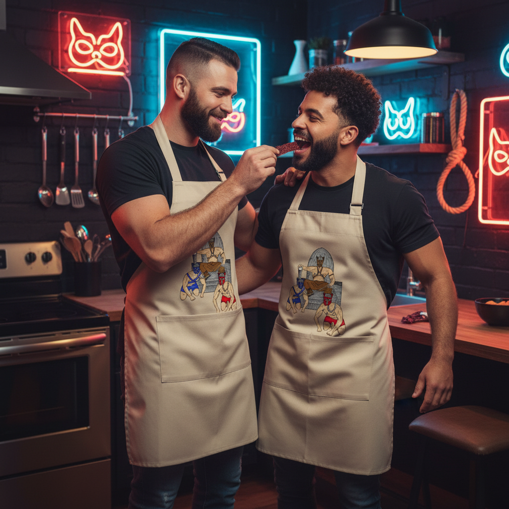 Two men in a neon-lit kitchen enjoy cooking while wearing matching Pup Play Organic Cotton Aprons, celebrating queer pride and self-expression with style and confidence.