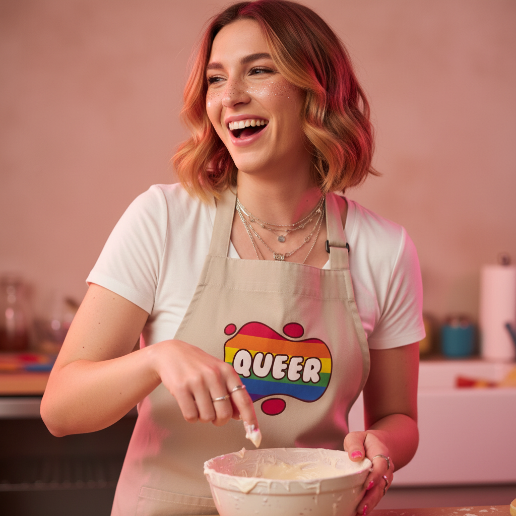 Smiling person in a beige apron with a rainbow QUEER graphic, mixing batter in a bowl