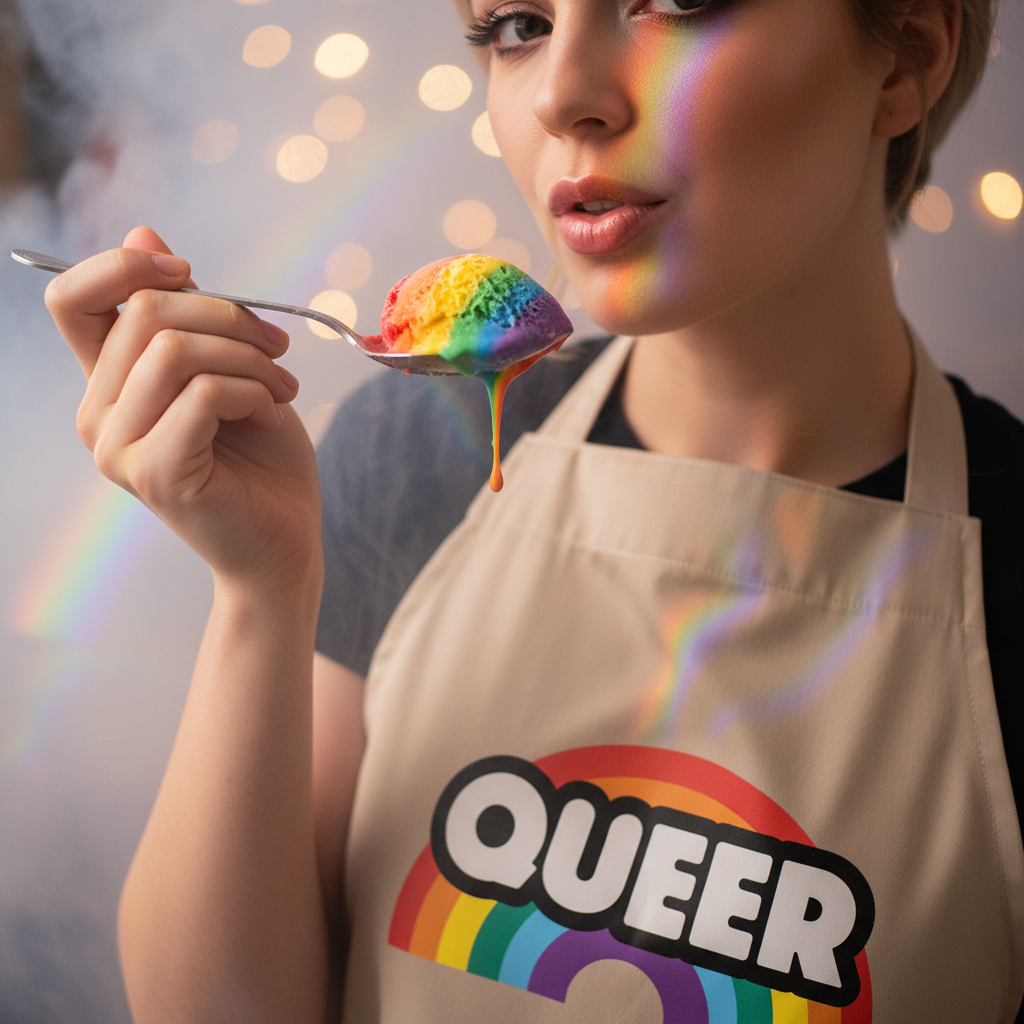 Young adult models the Queer Rainbow Organic Cotton Apron, featuring QUEER over a rainbow graphic, embracing LGBTQIA+ pride. They enjoy rainbow-striped ice cream, reflecting joyful, inclusive self-expression.