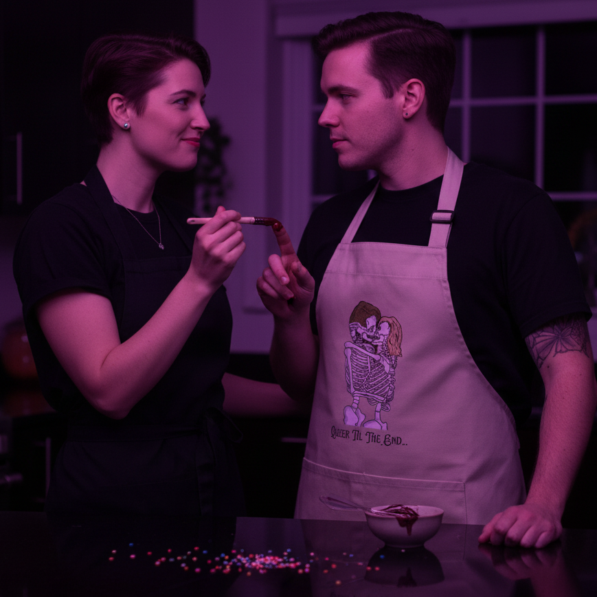 Two people in aprons face each other while decorating treats; one apron shows embracing skeletons and “Queer Til The End...”