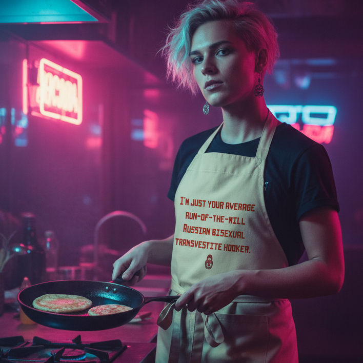 Person cooking in a dim neon kitchen, wearing the Russian Bisexual Transvestite Hooker Organic Cotton Apron. The apron, with bold red text, embodies queer pride and self-expression, enhancing confidence and style.