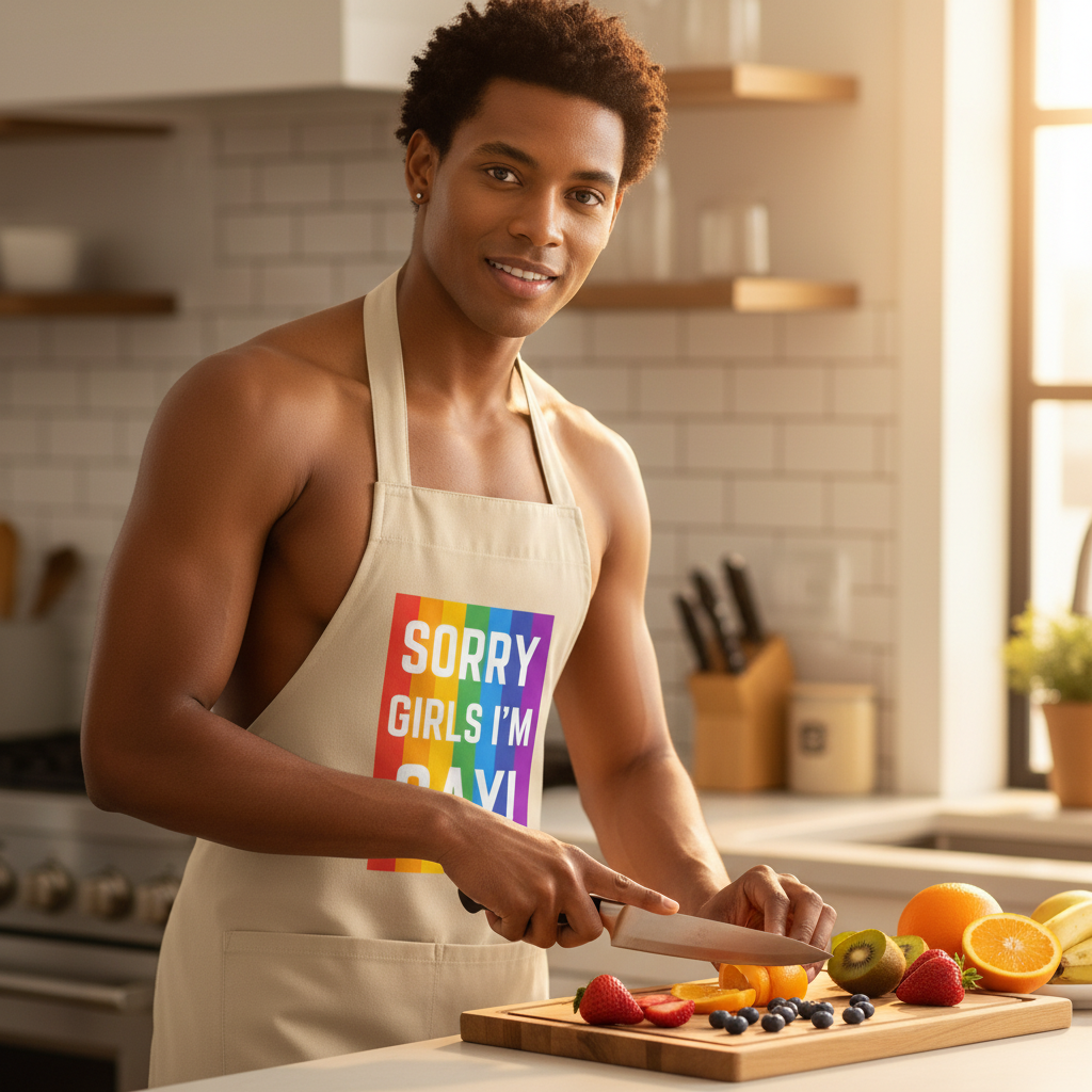 Young man in a kitchen slicing fruit, wearing the Sorry Girls I'm Gay! Organic Cotton Apron, with a rainbow-striped graphic, embodying pride and self-expression from Queer In The World: The Shop.
