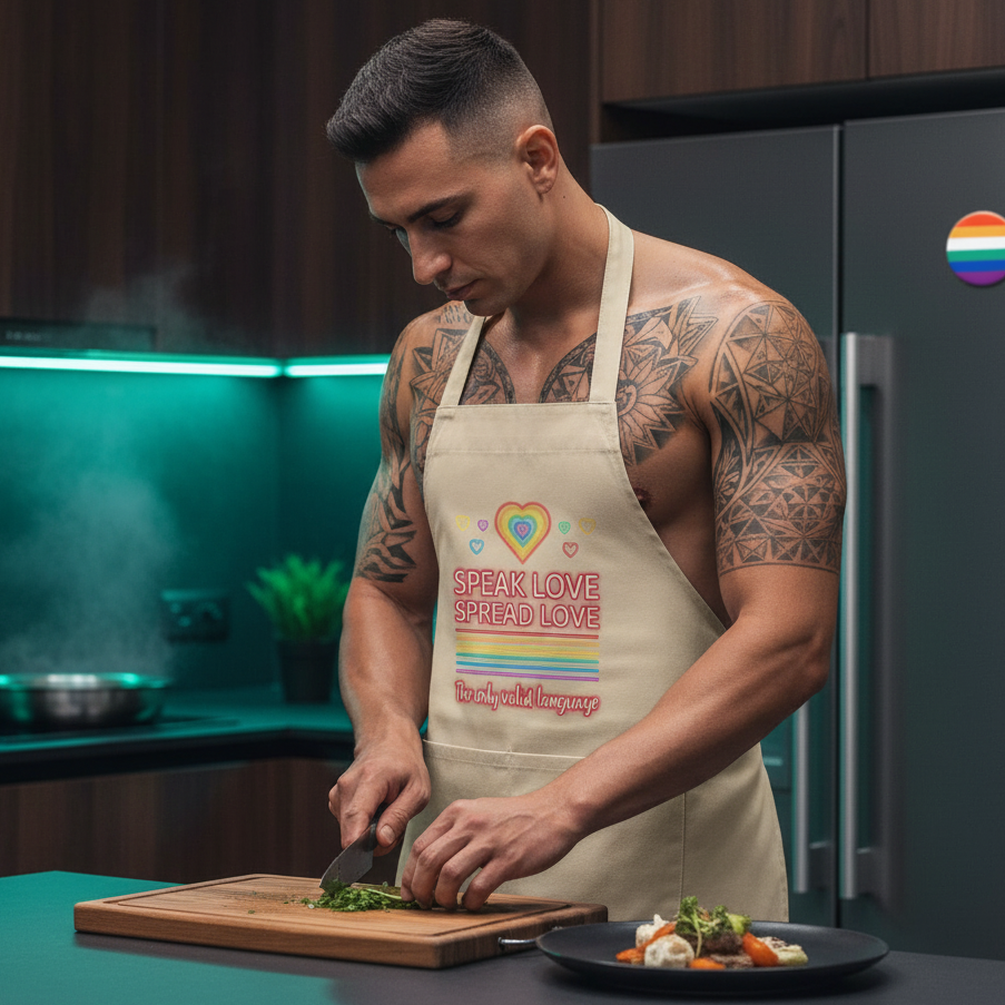 Muscular man in a light-tan Speak Love, Spread Love apron, chopping herbs in a modern kitchen, embodying bold queer pride and culinary confidence in Queer In The World's organic cotton apron.