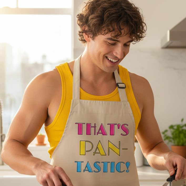 Young man cooks in a That's Pan-Tastic! organic cotton apron, embodying queer pride and flair. The apron, featuring playful lettering, enhances kitchen fun and self-expression.