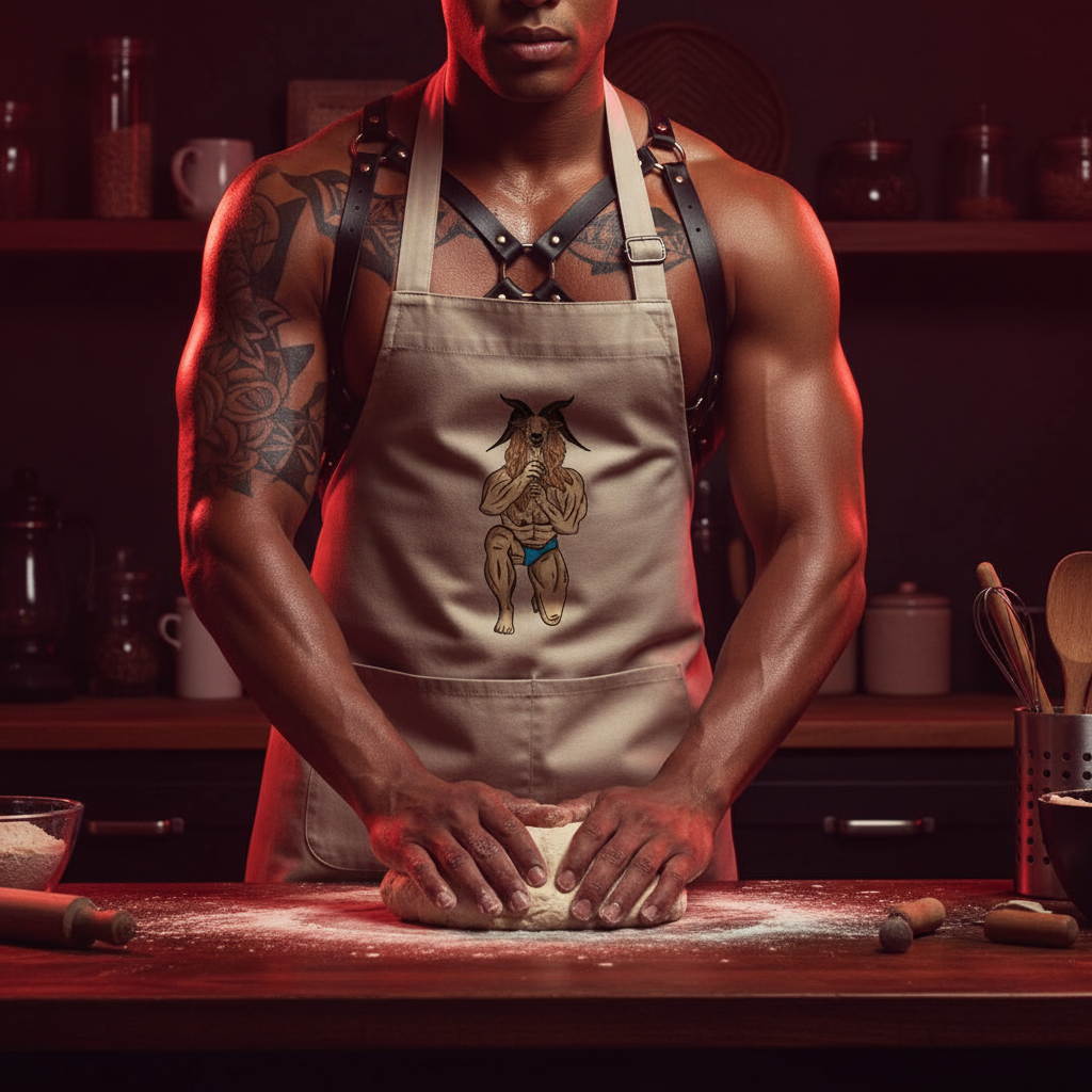 Front-facing model wears a beige apron with a goat-headed figure graphic while kneading dough