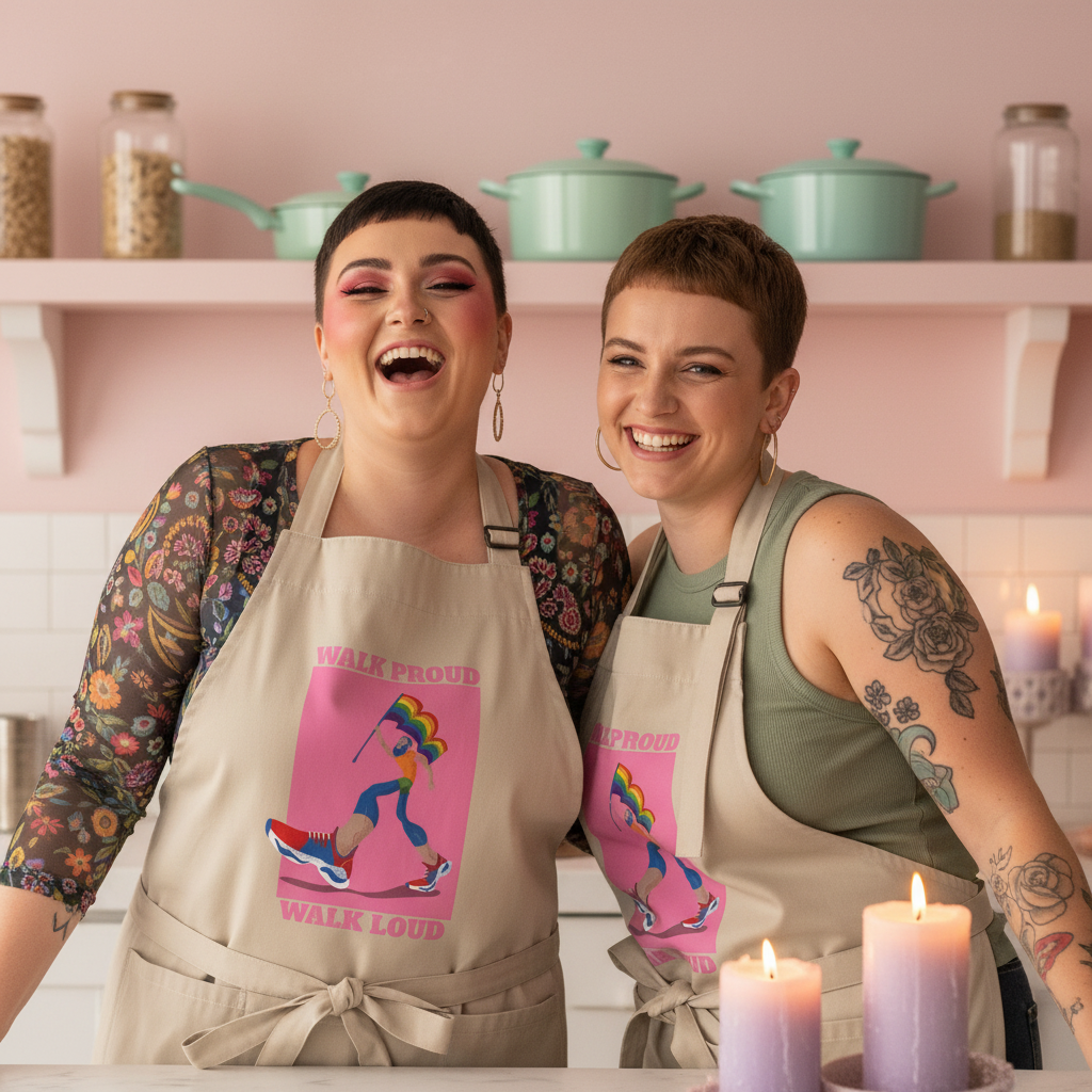 Two people in beige aprons with WALK PROUD WALK LOUD slogan, smiling in a pastel kitchen. The Walk Proud Walk Loud Organic Cotton Apron symbolizes pride and empowerment, embodying joyful, inclusive self-expression.