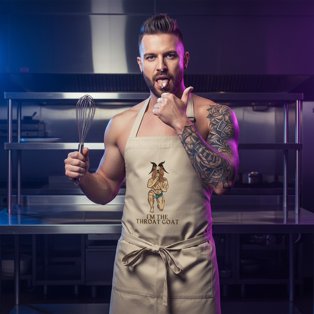 Muscular, tattooed man in a playful I'm The Throat Goat organic cotton apron, embodying queer pride and self-expression, stands confidently in a kitchen holding a whisk, exuding bold, sexy, joyful energy.