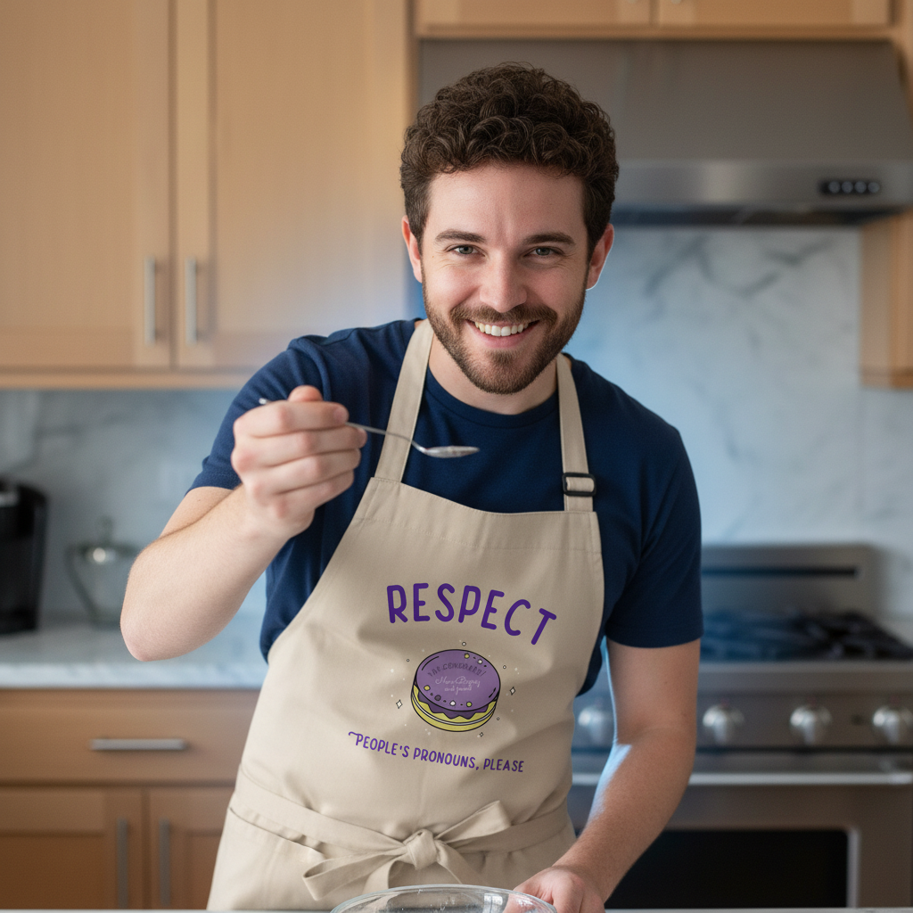 Man in kitchen wearing Respect People's Pronouns Please organic cotton apron, offering a taste with a spoon, embodying queer pride and self-expression with a stylish macaron graphic and empowering message.