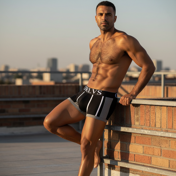 ORLVS Mesh Pocket Boxers on a buff, shirtless guy with short hair