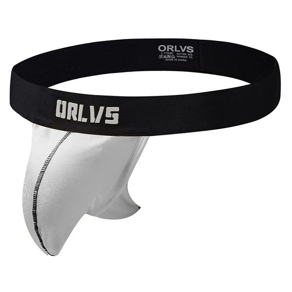 White pouch jockstrap with a wide black ORLVS waistband, shown from the front on white