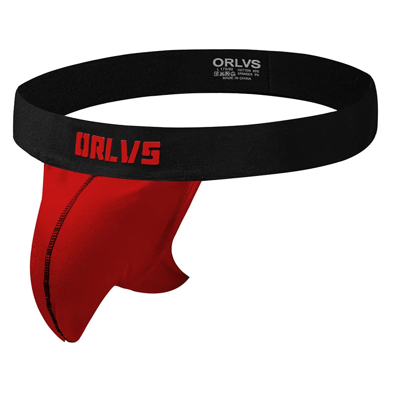 Red pouch jockstrap with a wide black ORLVS waistband, shown from the front on white