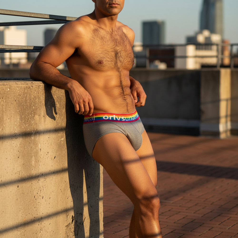 Model wearing gray briefs with a rainbow-striped waistband on a rooftop