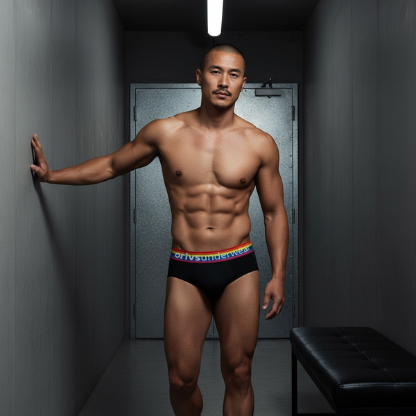 Muscular person poses in dim hallway, wearing ORLVS Pride Briefs with a rainbow waistband