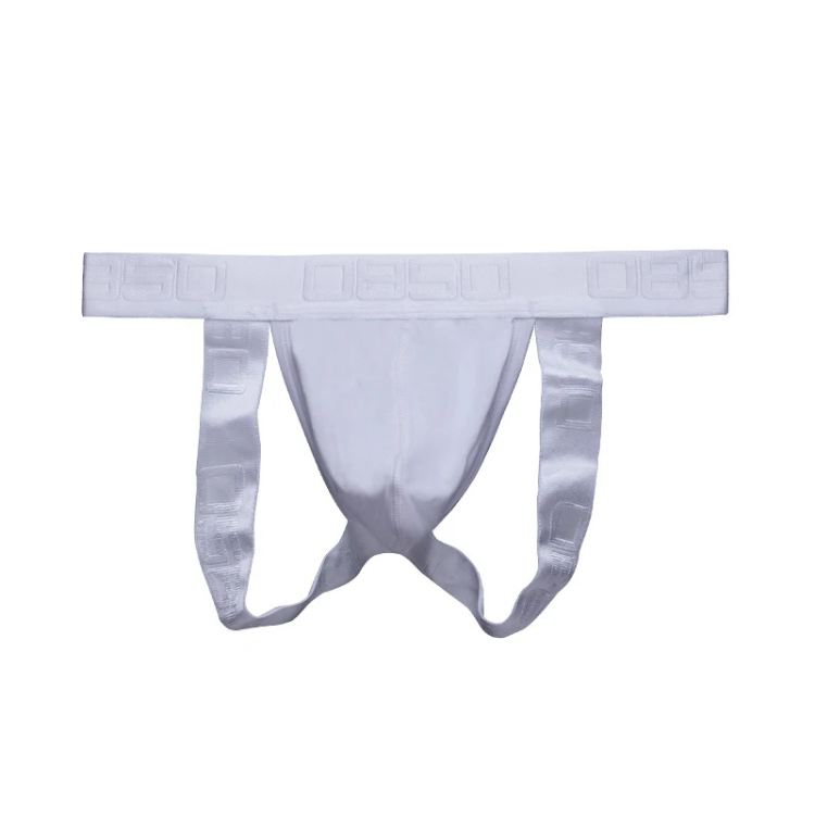 White jockstrap flat lay with embossed waistband and open back
