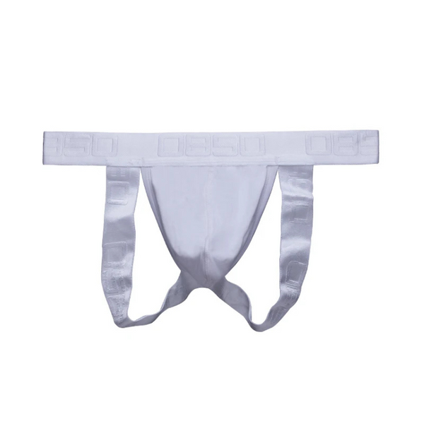 White jockstrap flat lay with embossed waistband and open back