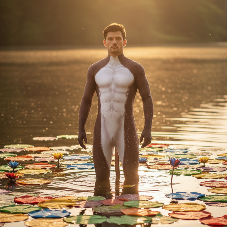 Front-facing person in a brown-and-white otter bodysuit standing in a lily-pad pond