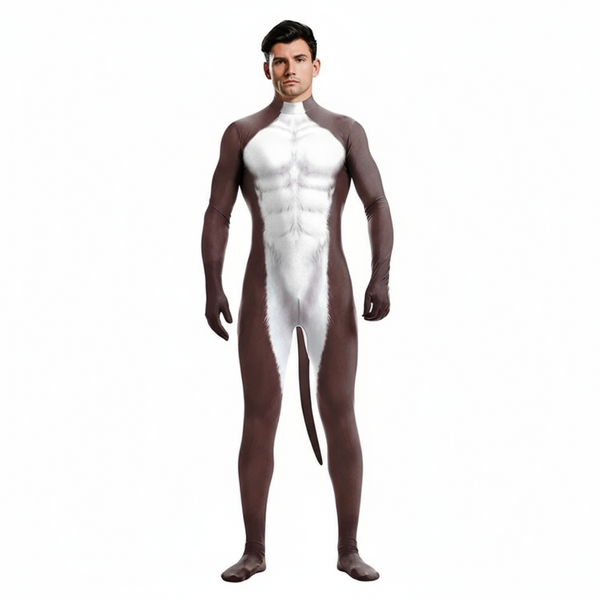 Front-facing model wearing a brown-and-white otter-style zentai bodysuit with a long tail