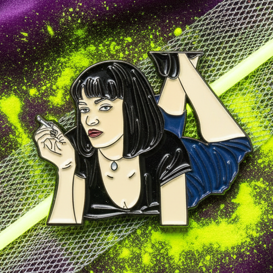 Pulp Fiction enamel pin depicting a black-haired woman reclining with a cigarette