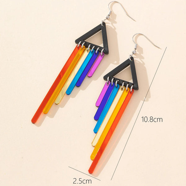 Pair of black triangle earrings with rainbow-colored hanging bars, shown with 10.8 cm and 2.5 cm measurements