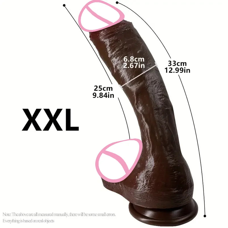 XXL dark brown realistic dildo shown diagonally with flared base and size measurements