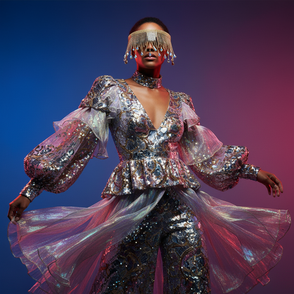 Oversized Tassel Crystal Sunglasses on a person in a bold sequin fit with puffed sleeves and flared skirt