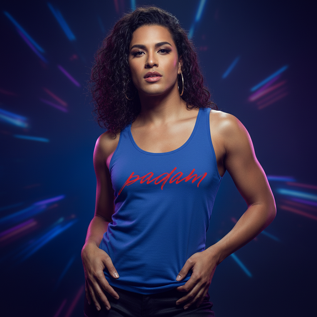Padam Unisex Tank Top with "padam" in bold red script, worn by a curly-haired person