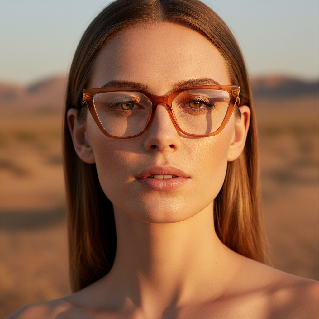 A queer femme with straight light brown hair models Palm Springs Chic Cat Eye Sunglasses in soft sun