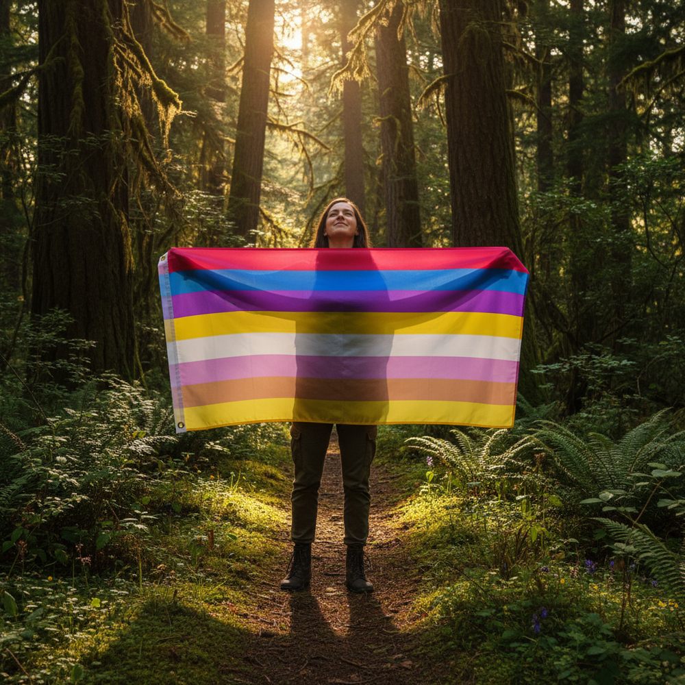 Person holds a multicolored pangender pride flag on a sunlit forest trail
