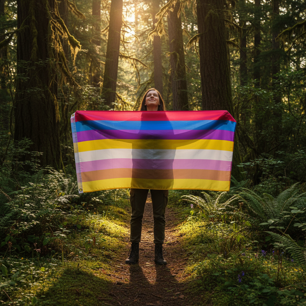 Person holds a multicolored pangender pride flag on a sunlit forest trail