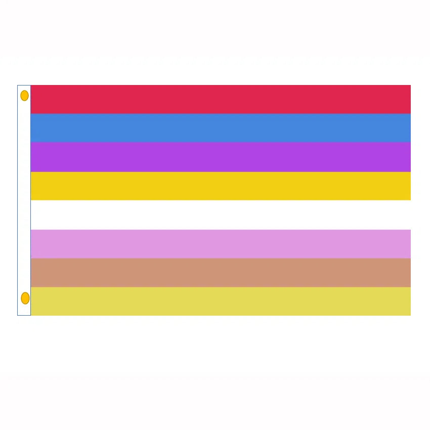 Pangender pride flag shown horizontally with seven colored stripes and a white hoist