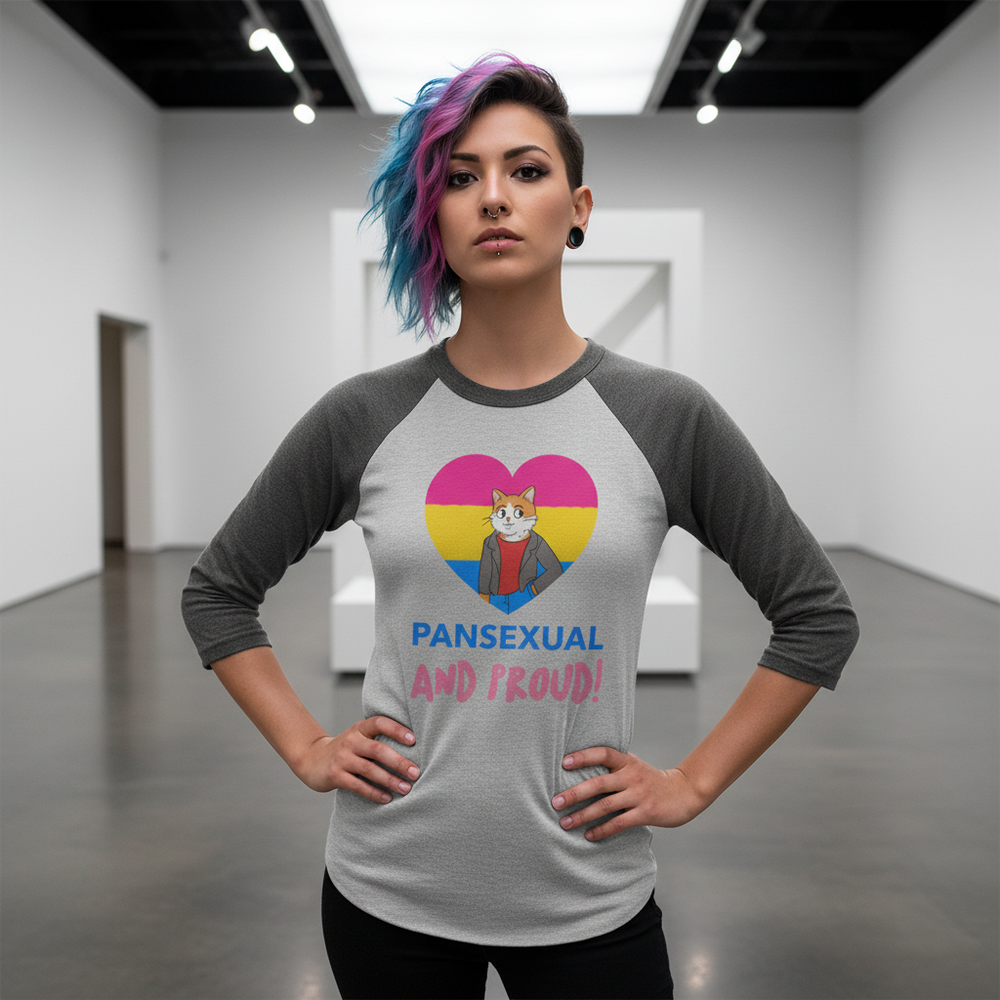 Pansexual and Proud 3/4 sleeve raglan tee with a cartoon cat, pan flag heart, and “Pansexual and Proud!” on the front.