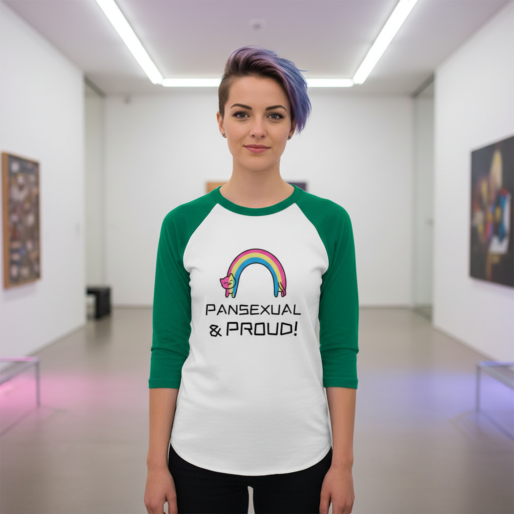 Pansexual & Proud 3/4 sleeve raglan shirt in white and green with rainbow unicorn; person with colorful hair in gallery