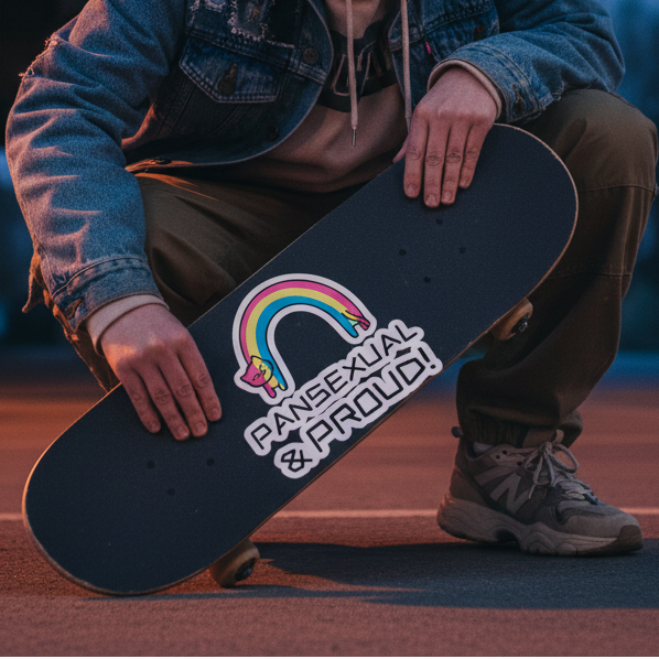 Pansexual & Proud Bubble-Free Stickers on skateboard—two hands form a rainbow over “PANSEXUAL & PROUD!”; denim jacket