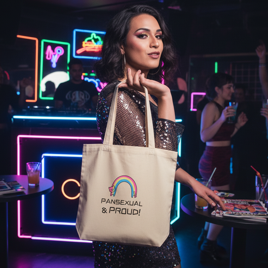 Pansexual & Proud Eco Tote Bag with pan pride rainbow, rocked by a femme in sequins