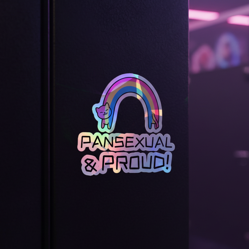 Holographic sticker featuring a cute cat sitting on a pansexual flag rainbow, with “Pansexual & Proud!” and a shiny finish.