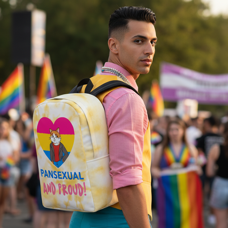 Pansexual And Proud Minimalist Backpack with a cartoon cat, pan flag, and “Pansexual and Proud!” at Pride