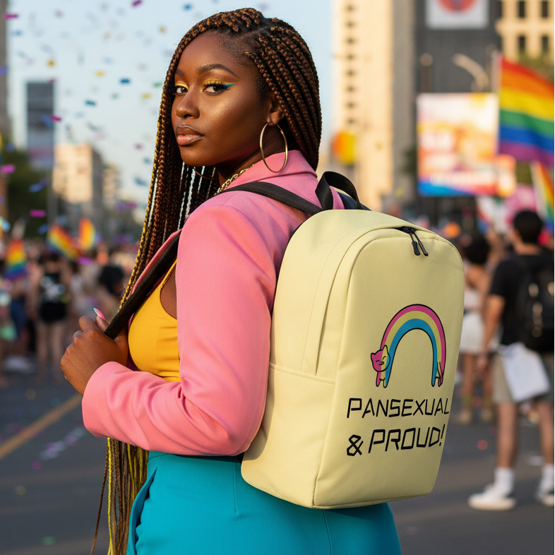 Pansexual & Proud Minimalist Backpack with rainbow cat graphic