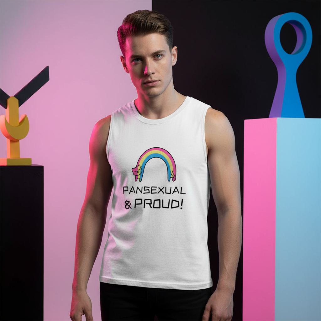 Pansexual & Proud Muscle Top with rainbow and cat design