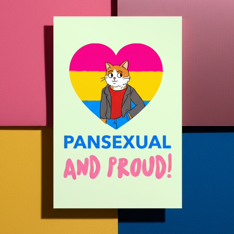 Pansexual And Proud postcard shows a cartoon cat in a jacket inside a pan pride heart, bold “PANSEXUAL” in blue