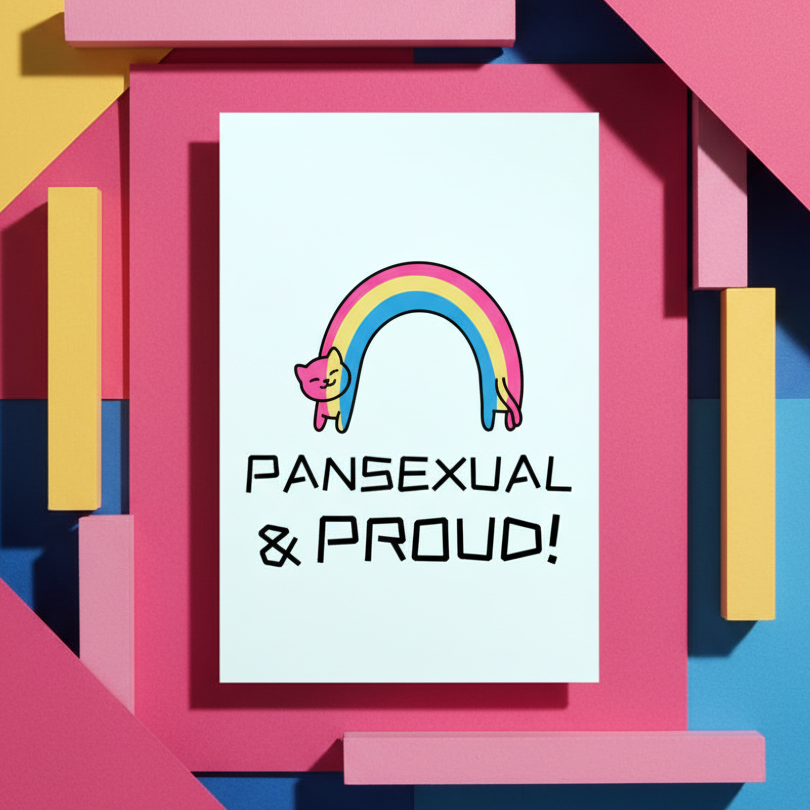 Pansexual & Proud Postcard shows a cat-shaped rainbow with "PANSEXUAL & PROUD!" over a geometric pink, yellow