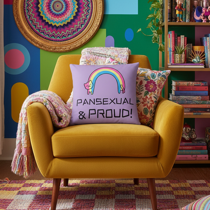 Mustard-yellow armchair with a pastel knit blanket and "Pansexual & Proud" pillow showing a rainbow and cat