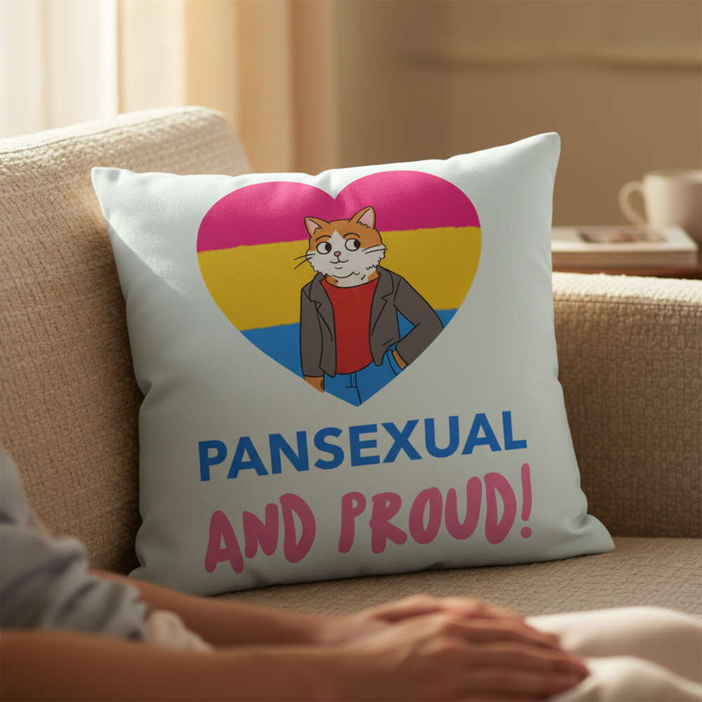 Person on beige couch holds Pansexual And Proud pillow: heart-shaped pan flag, cartoon cat in jacket