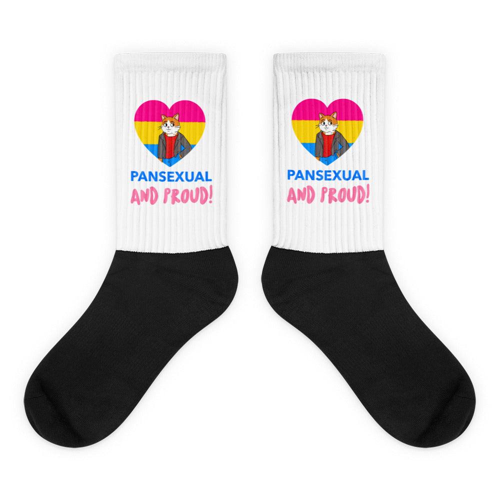 Pair of black-and-white crew socks with a pansexual heart, cat, and “PANSEXUAL AND PROUD!” text