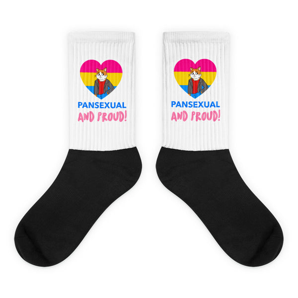 Pair of black-and-white crew socks with a pansexual heart, cat, and “PANSEXUAL AND PROUD!” text