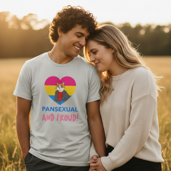 Pansexual And Proud T-Shirt with a cartoon cat in a pan pride heart and 