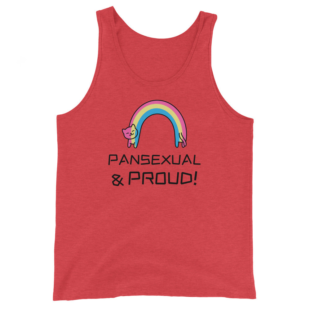 Front view of a red tank top with a rainbow cat graphic and “PANSEXUAL & PROUD!” text