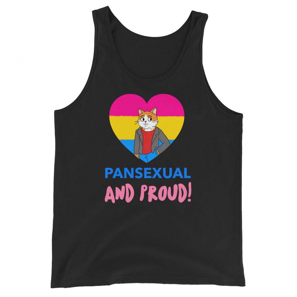 Unisex tank top with a pan flag heart framing a suited cartoon cat and bold blue and pink "PANSEXUAL AND PROUD!" text.