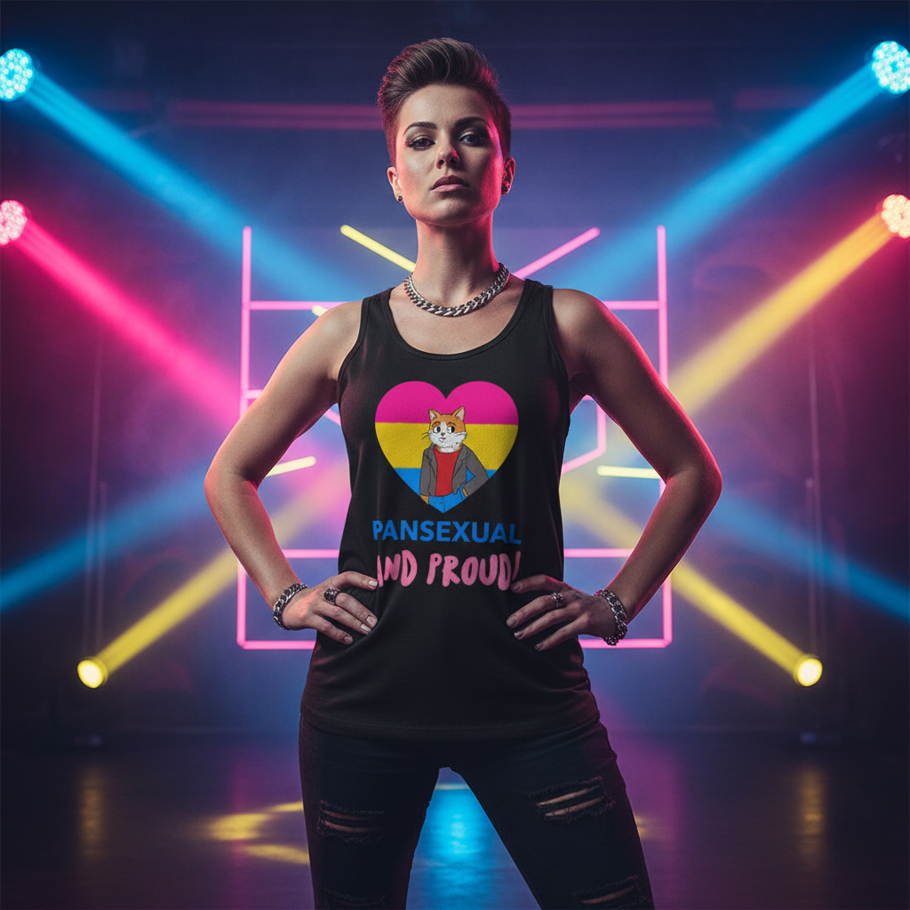 Pansexual And Proud Unisex Tank Top with a cartoon cat and heart in pan flag colors; neon pink, yellow, blue lights behind.